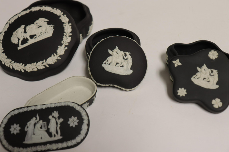 7 Wedgwood Black Basal Boxes and Pin Trays