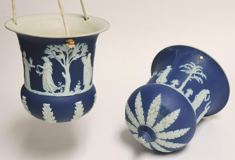 Near Pair Wedgwood Dark Blue Jasper Dip Planters