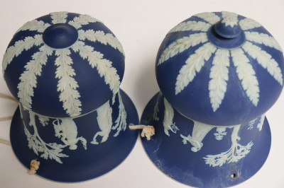 Near Pair Wedgwood Dark Blue Jasper Dip Planters