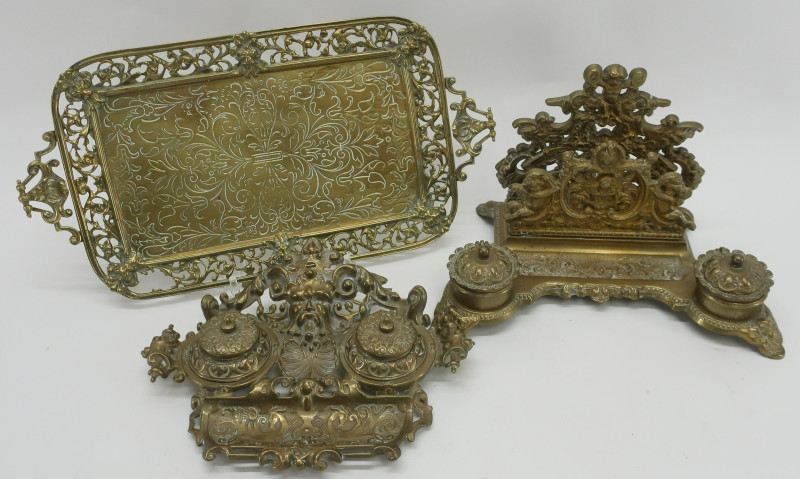 2 Victorian Brass Inkwells &amp; Tray