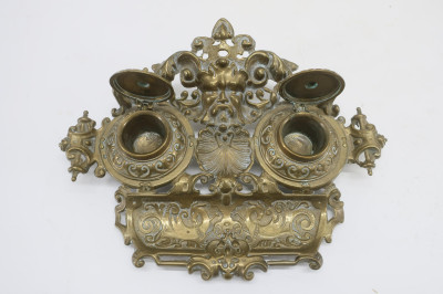 2 Victorian Brass Inkwells &amp; Tray