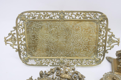 2 Victorian Brass Inkwells &amp; Tray
