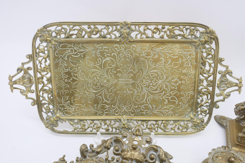 2 Victorian Brass Inkwells &amp; Tray