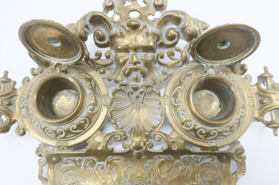 2 Victorian Brass Inkwells &amp; Tray