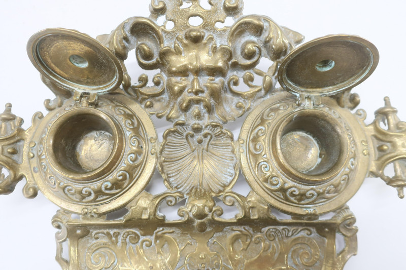 2 Victorian Brass Inkwells &amp; Tray