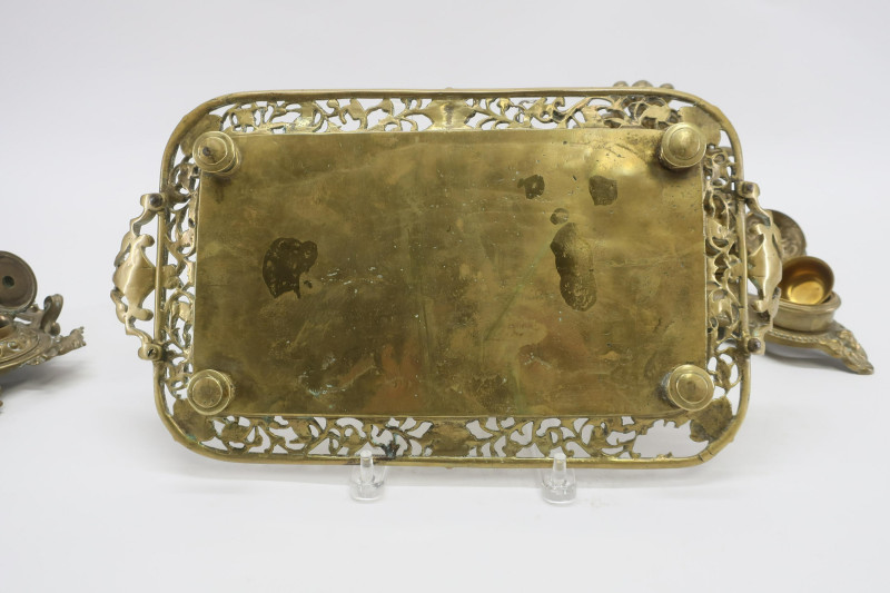 2 Victorian Brass Inkwells &amp; Tray