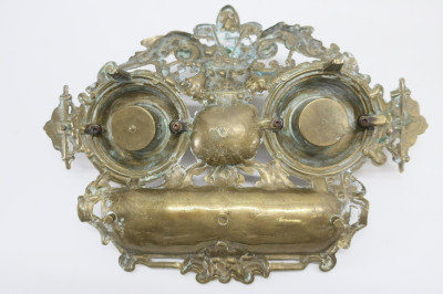 2 Victorian Brass Inkwells &amp; Tray