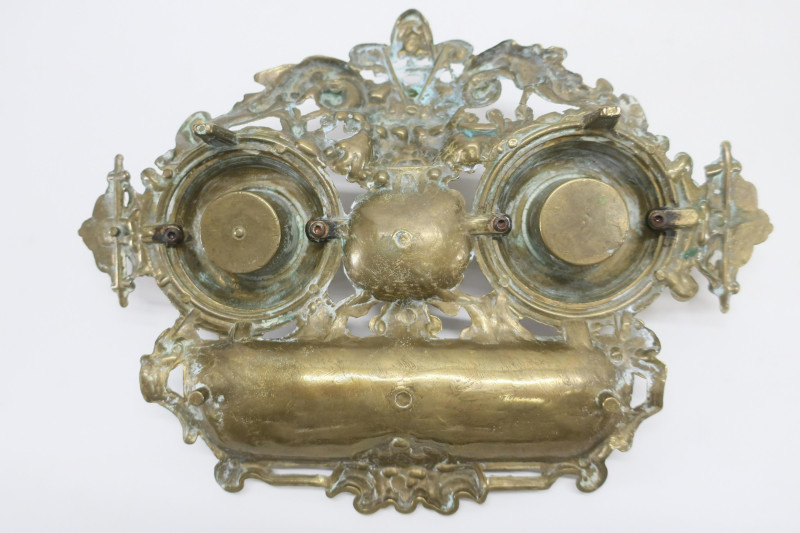 2 Victorian Brass Inkwells &amp; Tray