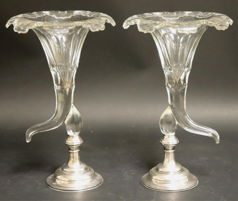 Pair Cut Glass Cornucopia Vases; Sterling Bases