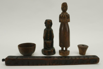 5 Wood Carved Mostly Tibetan Objects