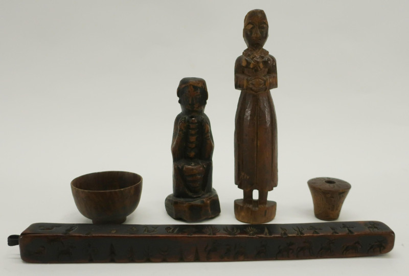 5 Wood Carved Mostly Tibetan Objects