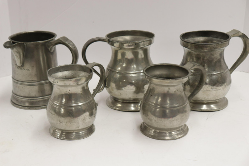 Five 19C English Pewter Measured Tankards