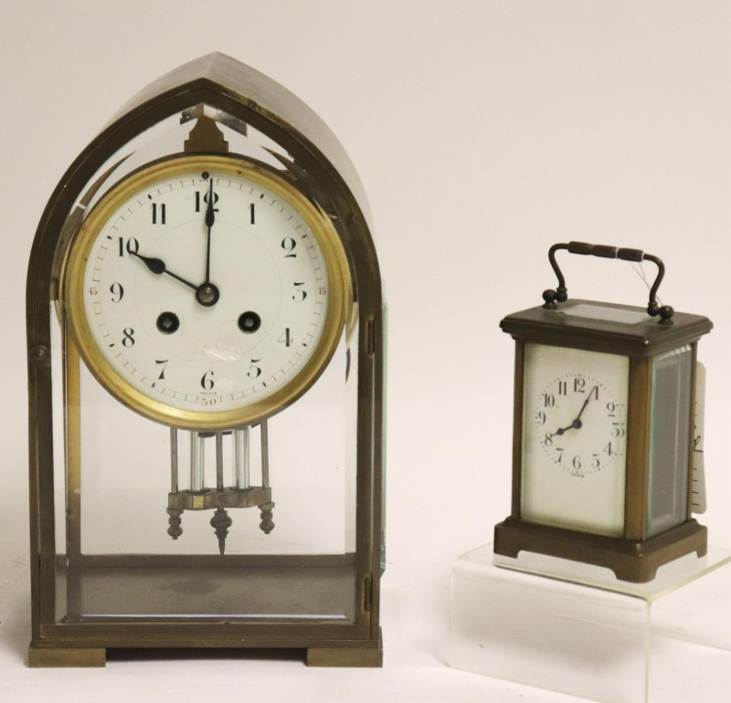 Two Clocks: French Carriage &amp; Gothic-Arched Mantel