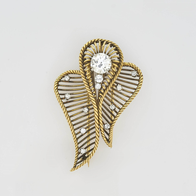 18K Gold &amp;amp; 2.25 ct Diamond Wire Work Leaf Pin