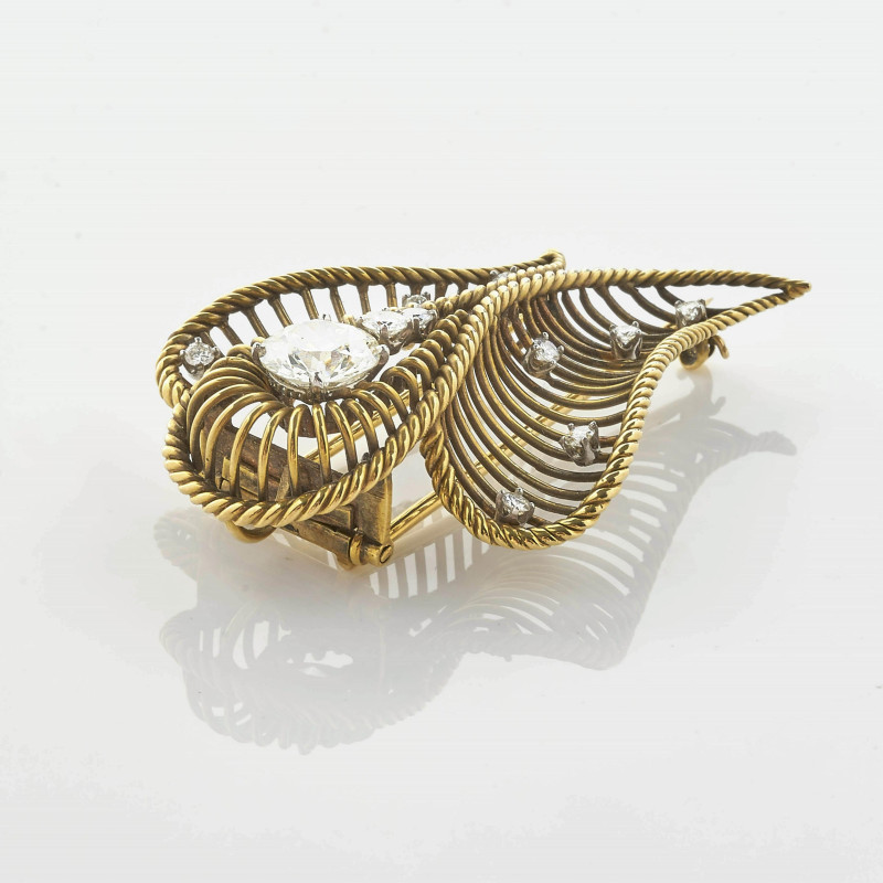 18K Gold &amp;amp; 2.25 ct Diamond Wire Work Leaf Pin