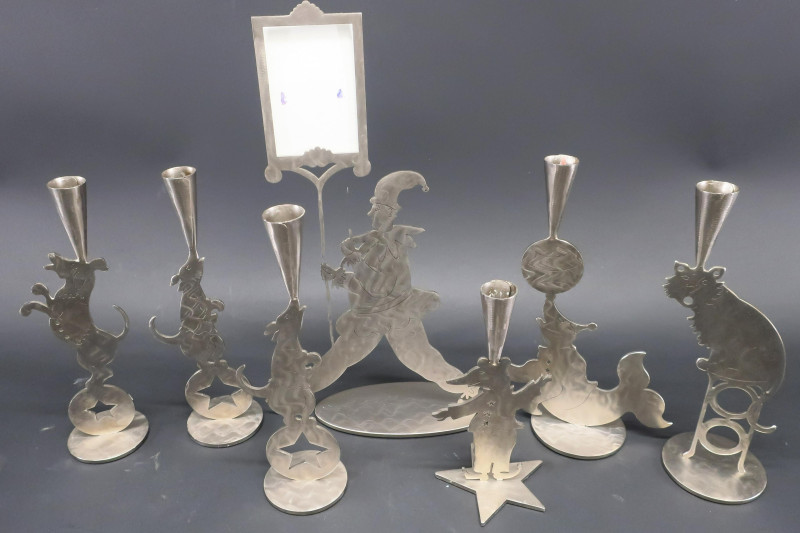 Amy Hess, 8 Polished Steel Candle Holders &amp;amp; Frame