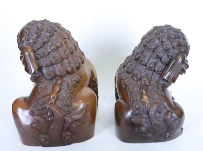 Matching Hardwood Stands with two Carved Foo Dogs