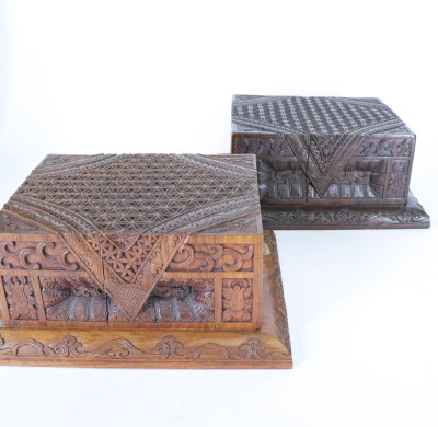 Matching Hardwood Stands with two Carved Foo Dogs