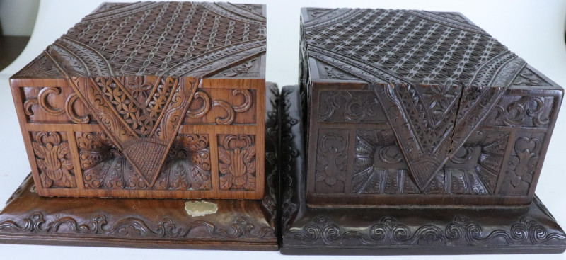 Matching Hardwood Stands with two Carved Foo Dogs