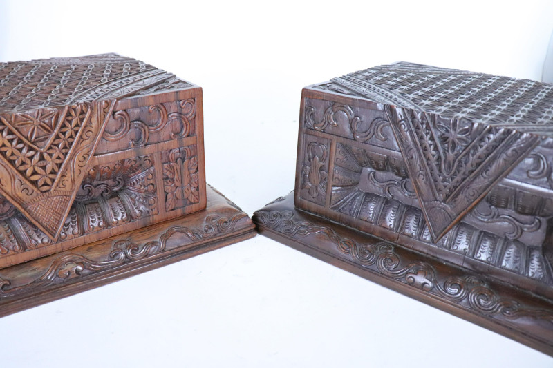 Matching Hardwood Stands with two Carved Foo Dogs