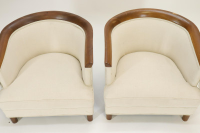 Pair Mid Century Walnut Club Slipper Chairs