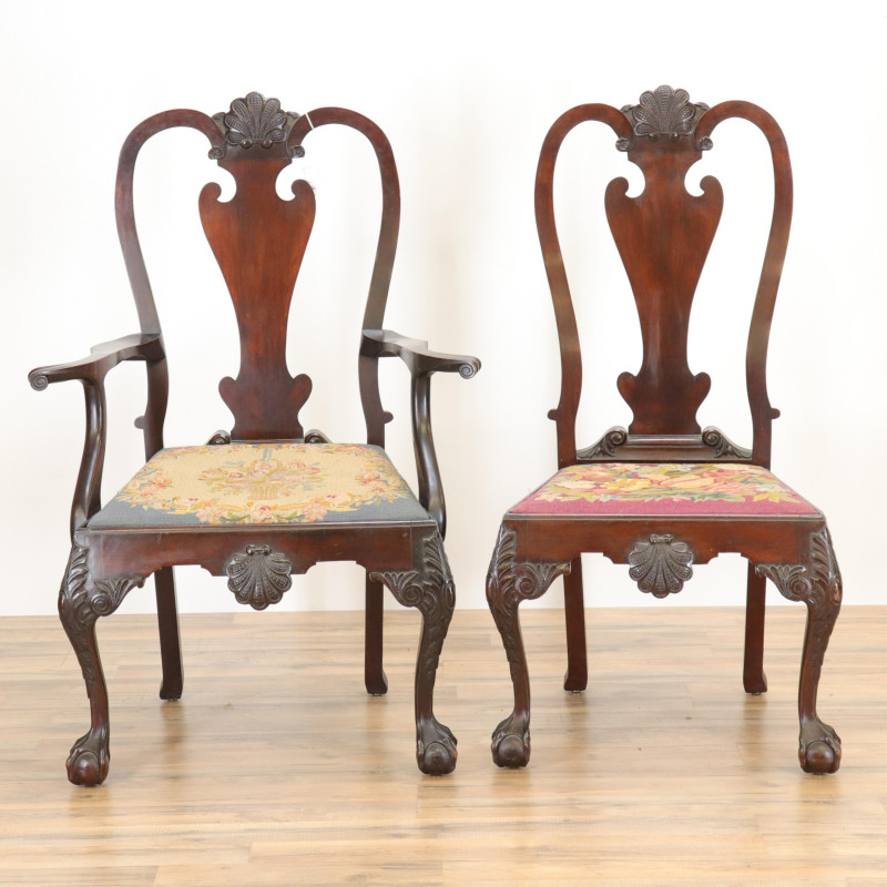 Two Chippendale Style Chairs Needlepoint Seats
