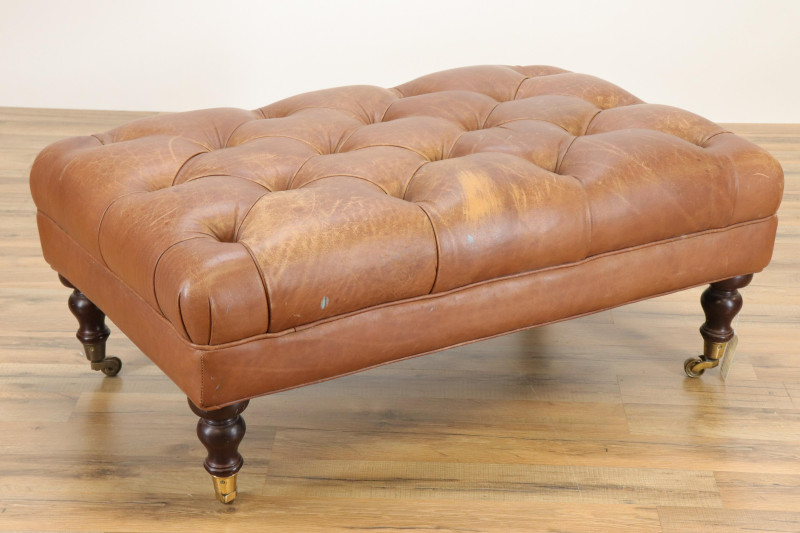 Victorian Style Brown Leather Upholstered Bench