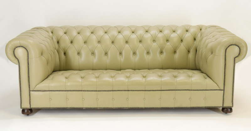 Green Leather Brass Buttoned Chesterfield Sofa