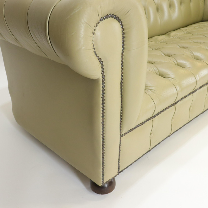 Green Leather Brass Buttoned Chesterfield Sofa
