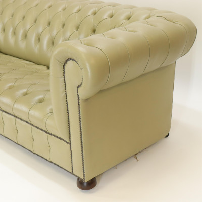 Green Leather Brass Buttoned Chesterfield Sofa