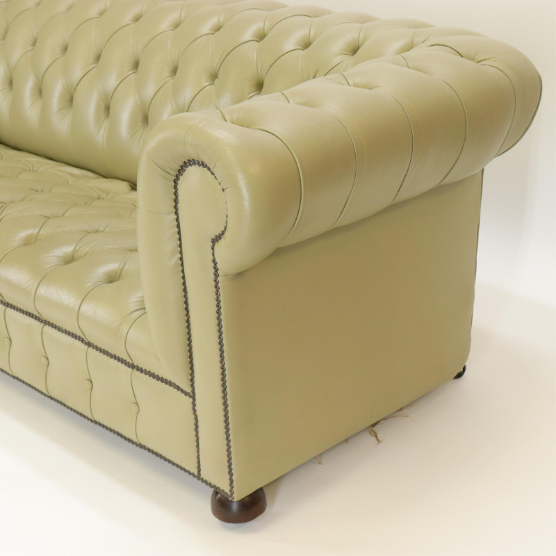 Green Leather Brass Buttoned Chesterfield Sofa