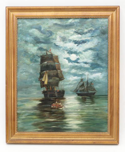 American School Sailing Ships / Night Sky 19th C