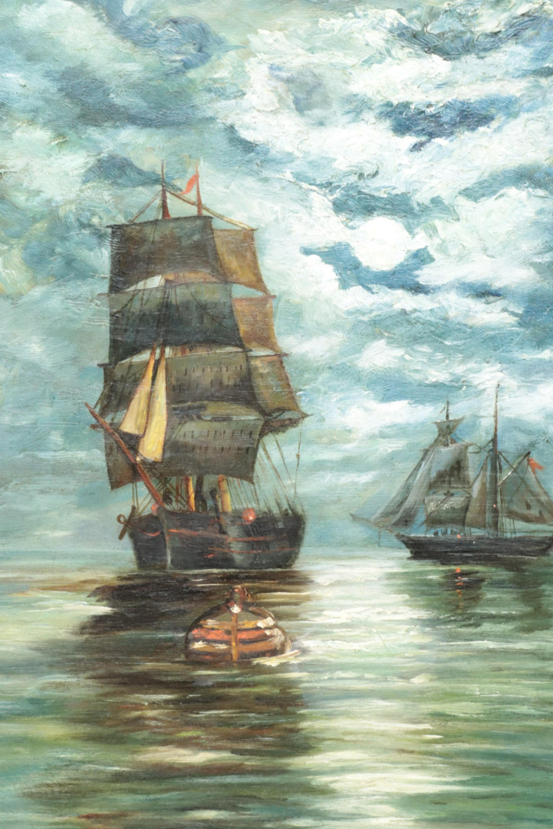American School Sailing Ships / Night Sky 19th C