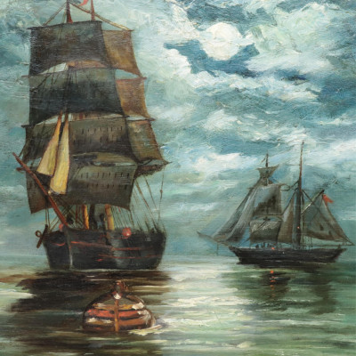 American School Sailing Ships / Night Sky 19th C