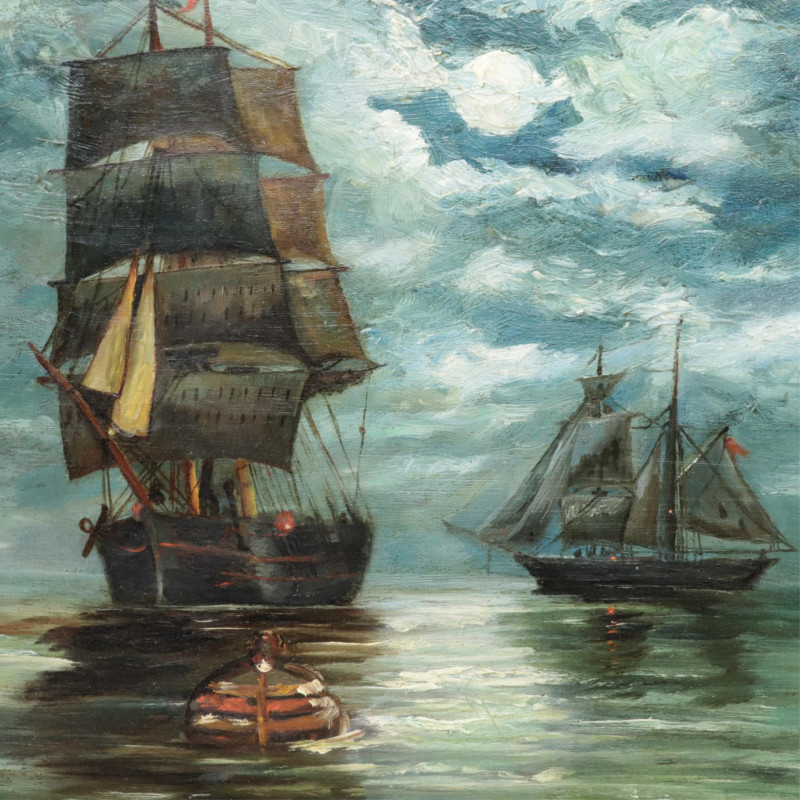 American School Sailing Ships / Night Sky 19th C