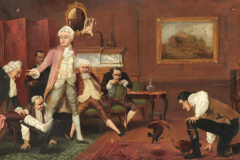 J Pettie Cockfight 19th C O/C