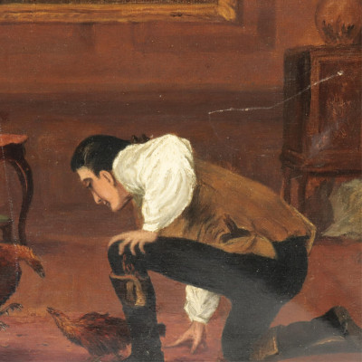 J Pettie Cockfight 19th C O/C