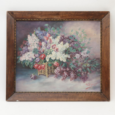 Ch Schaller 20th C Basket of Flowers O/C