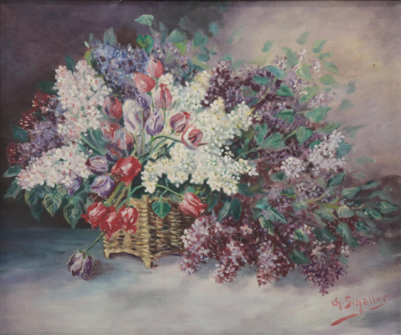 Ch Schaller 20th C Basket of Flowers O/C