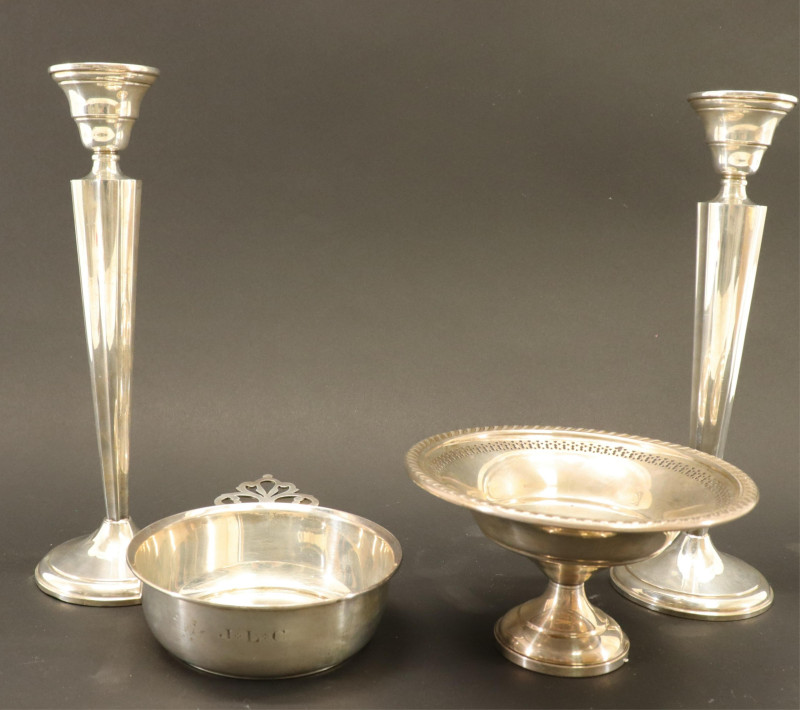 Sterling: Pair Candlesticks Porringer Candy Dish