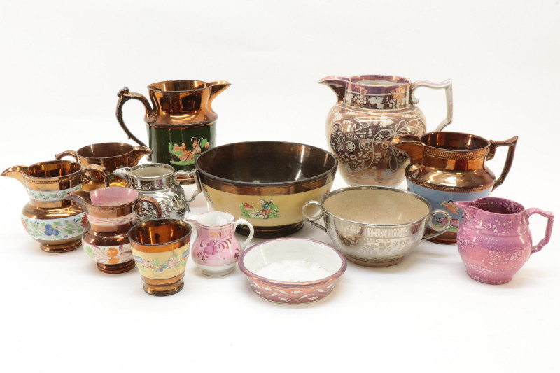 13 Lustreware Pitchers Bowls 19th C