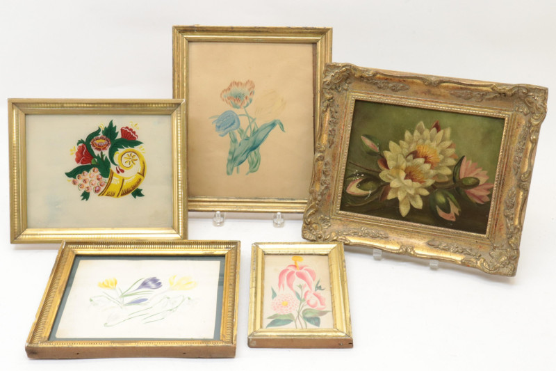 5 Floral Reverse Paintings W/C Pastels