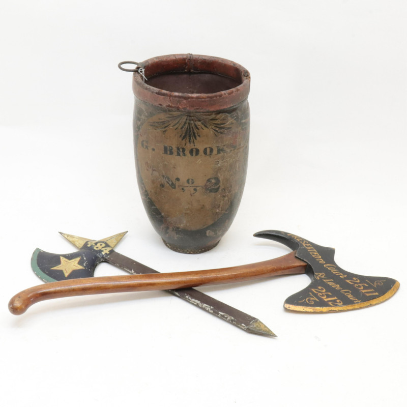 3 Fire Company Items leather bucket axes