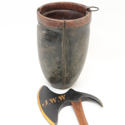 3 Fire Company Items leather bucket axes