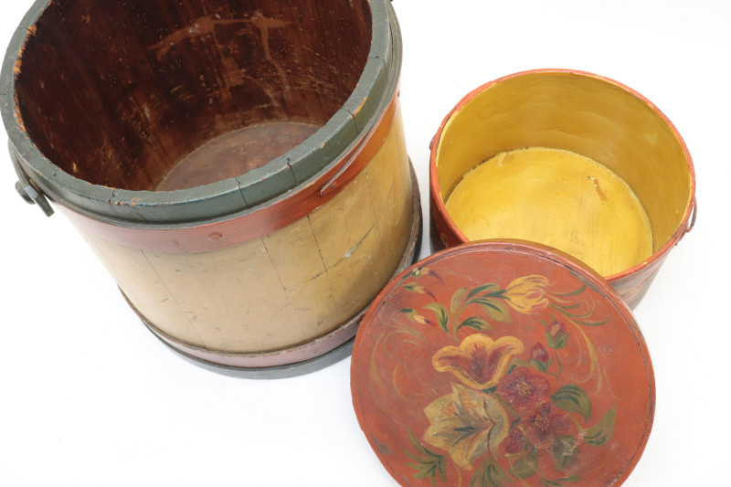 5 Folk Art Round Boxes Bucket