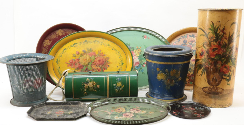 Lot of Tole Trays Buckets Hanging Cannister