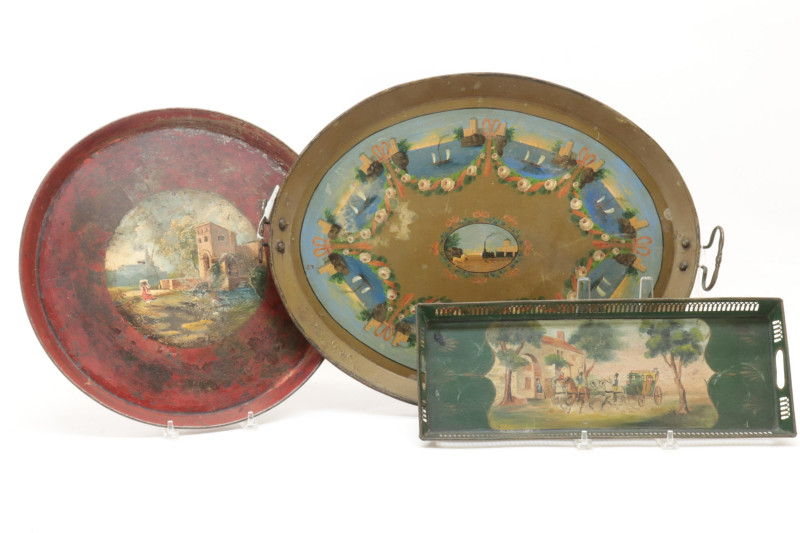 3 French Tole Trays railroad train ships