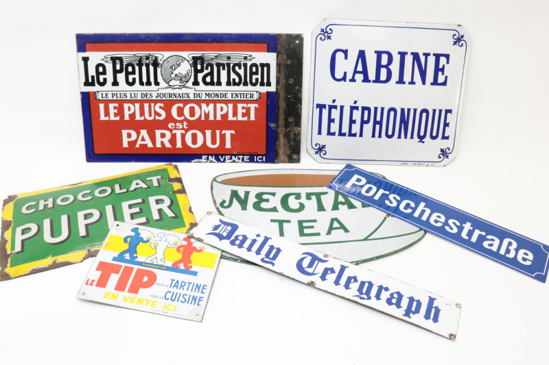 7 Enameled Metal Signs French English German