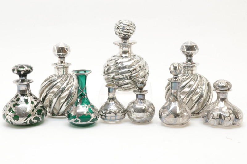 9 Silver Overlay Glass Perfumes/Bottles/Vases