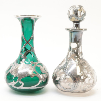 9 Silver Overlay Glass Perfumes/Bottles/Vases